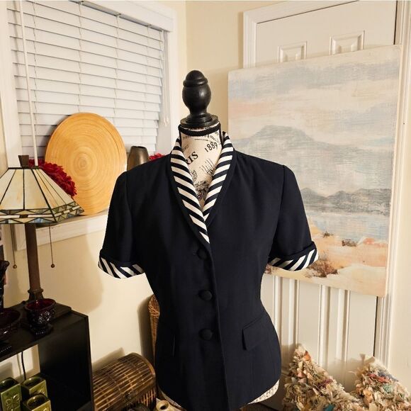 Vtg Navy Blue Kasper Notched Collar Pin Stripe Business Casual Short Sleeve Blaz - Picture 12 of 13